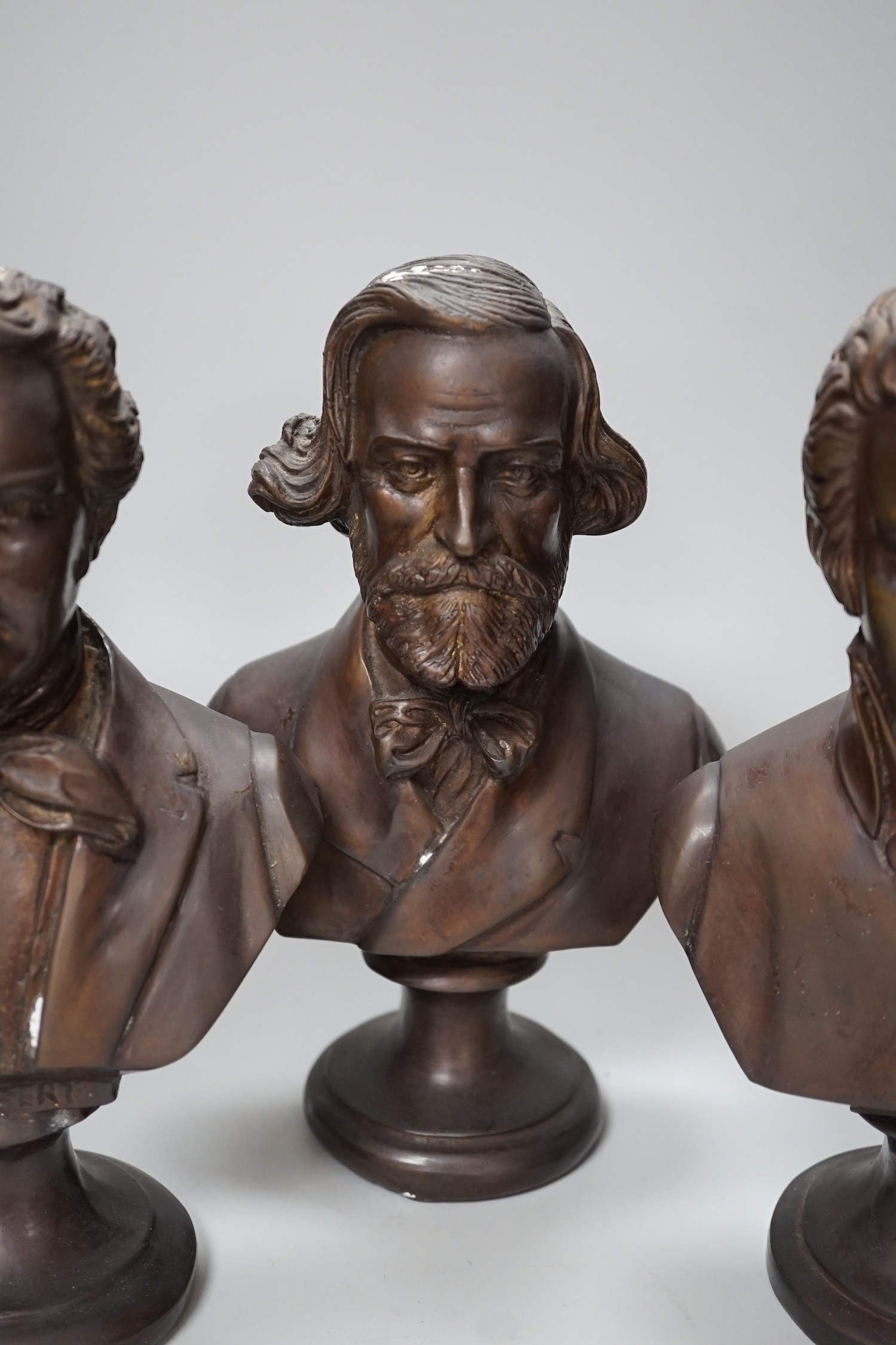 A set of four bronze busts of composers: Schubert, Wagner, Verdi and Mozart, 14cm high